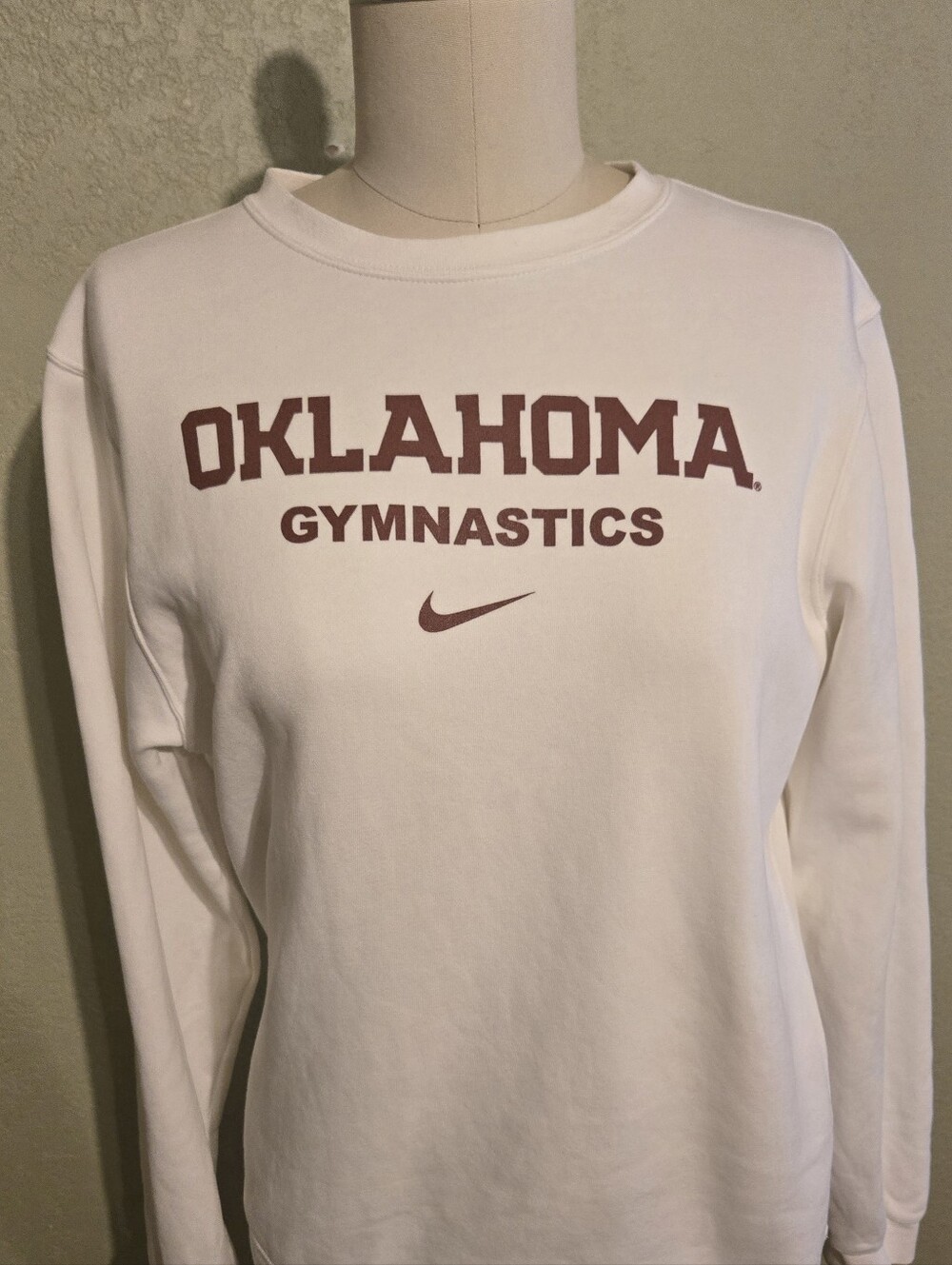 Nike White Crewneck Sweatshirt with Maroon Oklahoma Gymnastics Print
